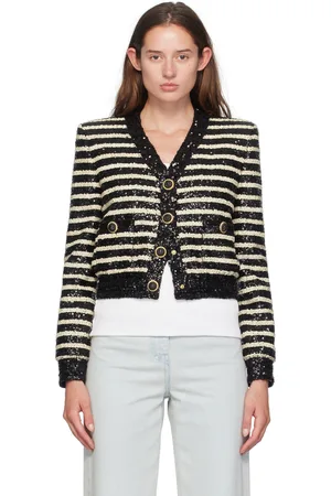 Balmain Blouson écourté noir et blanc à rayures et à paillettes