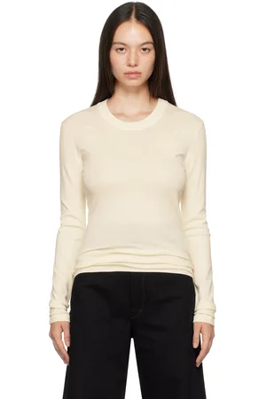 LEMAIRE T-shirt à manches longues blanc cassé à col en tricot côtelé