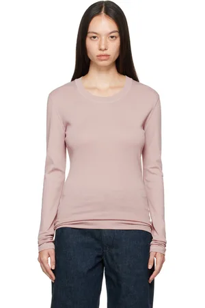 LEMAIRE T-shirt à manches longues mauve à col en tricot côtelé