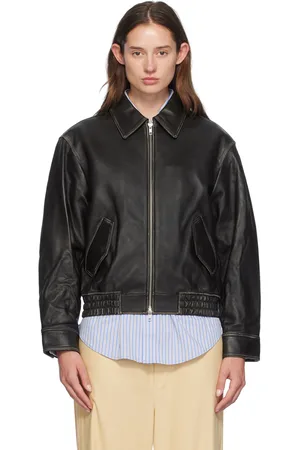 DUNST Blouson noir en cuir à col classique