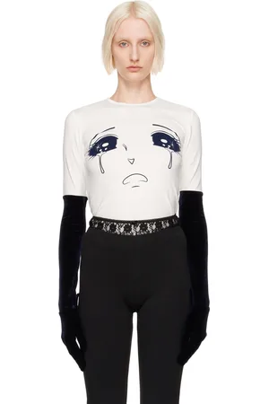 pushBUTTON T-shirt à manches longues blanc à gants en velours et à image Crying Girl