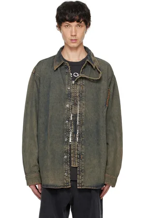 Y / PROJECT Chemise à manches longues grise en denim à agrafes et œillets