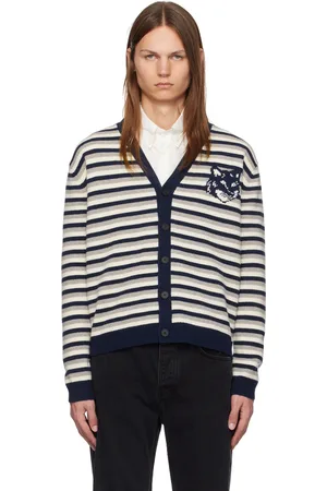 Maison Kitsuné Cardigan bleu marine à rayures et logo de renard en intarsia