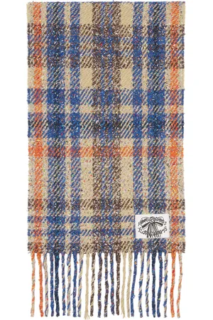 Acne Studios Écharpe beige et bleu à carreaux et à franges