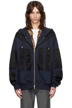 DRIES VAN NOTEN Pull à capuche bleu marine à panneaux en satin