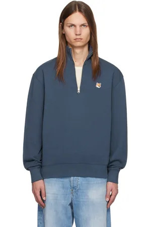 Maison Kitsuné Pull molletonné bleu à demi-glissière et à logo de renard