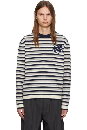 Maison Kitsuné Pull bleu marine et blanc à rayures et à logo de renard en intarsia
