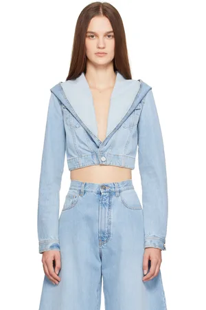 Alaïa Blouson écourté bleu en denim à capuche