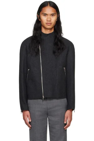SYSTEM Blouson motard gris en melton double face de laine