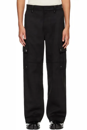 SYSTEM Pantalon cargo noir en suède synthétique à œillets