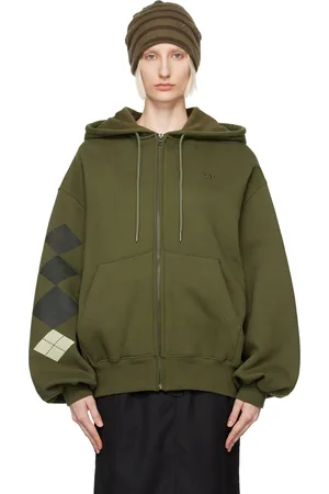 OPEN YY Pull à capuche droit vert à manche à motif argyle