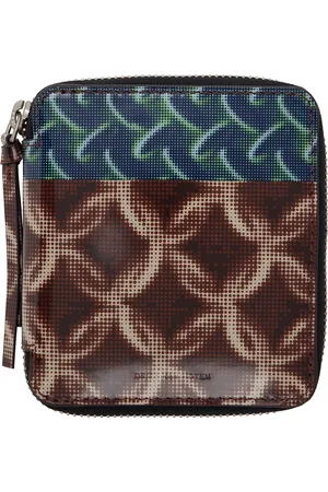 DRIES VAN NOTEN Portefeuille brun et bleu à motifs graphiques imprimés