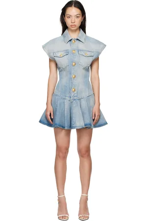 Balmain Robe courte bleue en denim à ourlet évasé