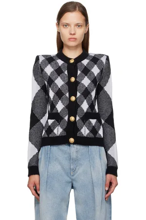 Balmain Cardigan blanc et noir à carreaux