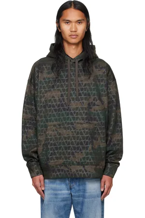 VALENTINO Pull à capuche kaki à motif camouflage