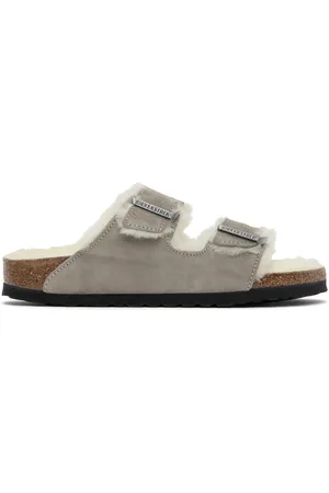 Birkenstock Sandales étroites Arizona grises à doublure en peau retournée