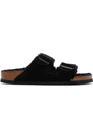 Birkenstock Sandales étroites Arizona noires à doublure en peau retournée
