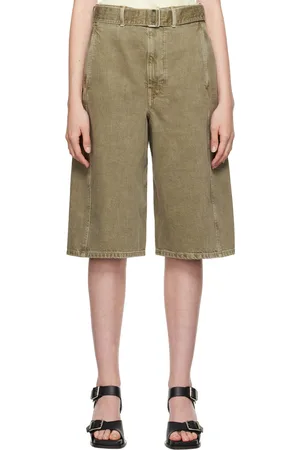 LEMAIRE Short vert en denim à coutures extérieures torsadées et à ceinture