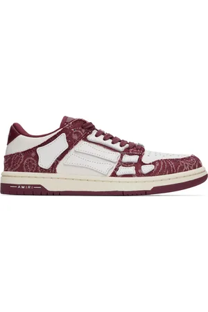 AMIRI Baskets basses blanc et bourgogne en denim à appliqués Skel Top et à motif cachemire