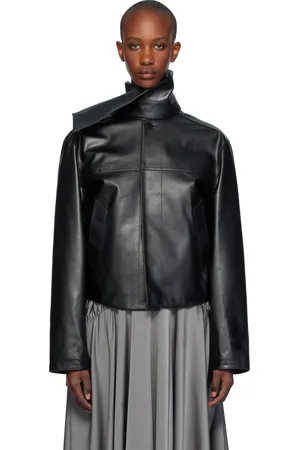 ALAINPAUL Blouson noir en cuir à panneau double tour