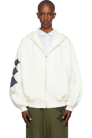 OPEN YY Pull à capuche droit blanc à manche à motif argyle