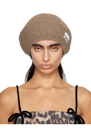 Ganni Béret taupe en tricot côtelé de laine