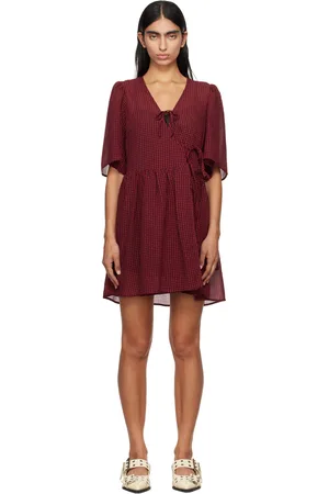 Ganni Robe courte cache-cœur rouge et noir à attaches à nouer