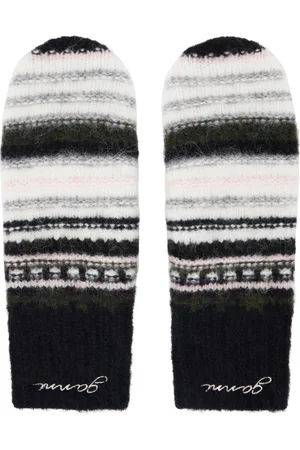 Ganni Mitaines noir et blanc en tricot brossé de laine à rayures