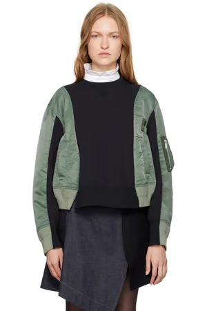 SACAI Pull molletonné de style blouson aviateur bleu marine et vert