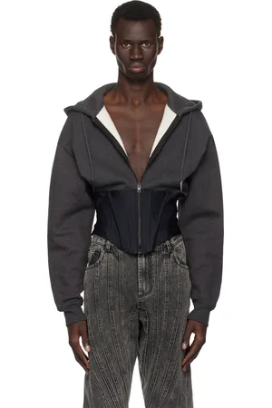 MUGLER Pull à capuche gris et noir à ourlet de style corset