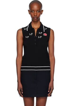 Thom Browne Polo noir en pointelle à motif de logos Hector et de rose