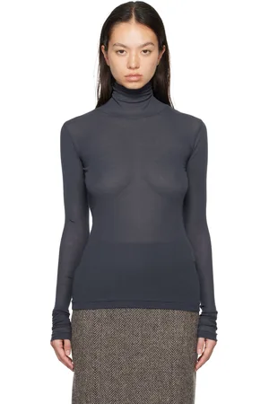 Auralee Col roulé bleu marine en tricot côtelé léger semi-transparent
