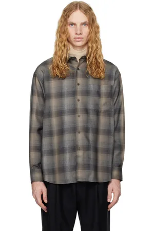 Auralee Chemise grise en chevron léger de laine à carreaux