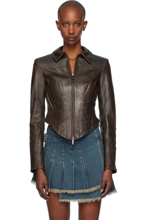 Feng Chen Wang Blouson brun en cuir à coutures de style corset