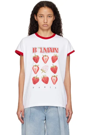 Balmain T-shirt blanc à image à logo et à bords contrastés