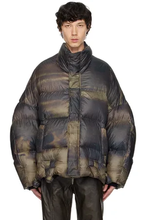 Feng Chen Wang Blouson brun et vert rembourré en duvet à brandebourgs