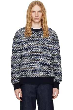 Missoni Pull bleu en laine à col ras du cou et à motif en zig zag