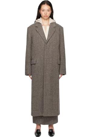 Auralee Manteau chesterfield brun en tweed de laine Shetland et alpaga