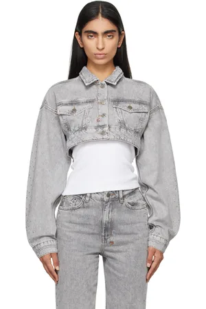 KSUBI Blouson camionneur écourté gris en denim à ornements facettés