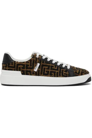 Balmain Baskets B-Court brunes à monogrammes en tricot jacquard
