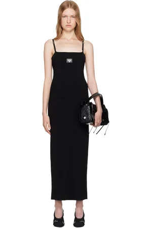 Acne Studios Robe longue noire à bretelles et à plaque à logo