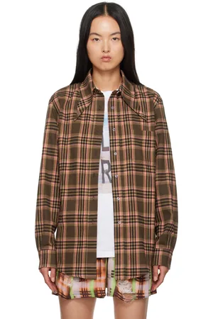 Collina Strada Chemise brun et rose à motif écossais et à col modifié