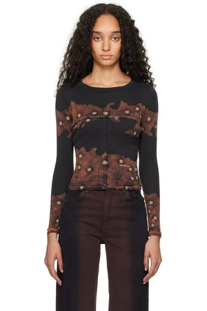 ECKHAUS LATTA Micro t-shirt noir et brun à col ras du cou et à panneaux