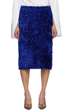 DRIES VAN NOTEN Jupe midi bleue à fils lamés