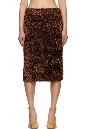 DRIES VAN NOTEN Jupe midi brune à fils lamés
