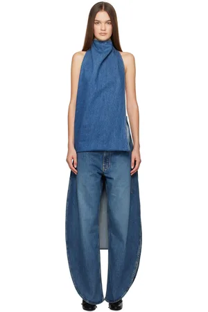 Alaïa Haut de style cape asymétrique bleu en denim