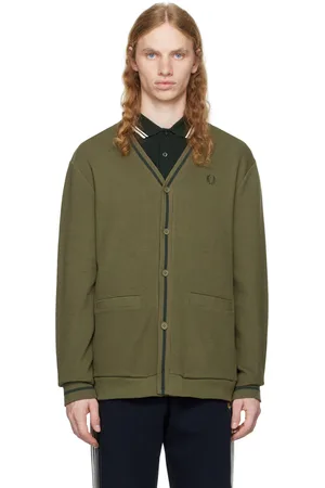 Fred Perry Cardigan vert en piqué texturé à garnitures à rayures