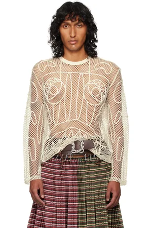 Charles Jeffrey Loverboy T-shirt à manches longues blanc cassé en résille à appliqué graphique exclusif à SSENSE