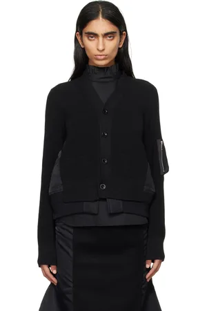 SACAI Cardigan noir en sergé de nylon et en tricot