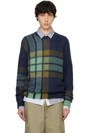 Maison Kitsuné Pull bleu marine et vert à carreaux graphiques en intarsia